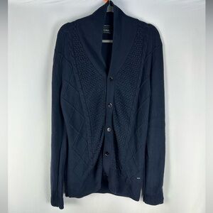 Strellson Extrafine 100% Merino Wool Navy Blue Cable Knit Cardigan Button Down